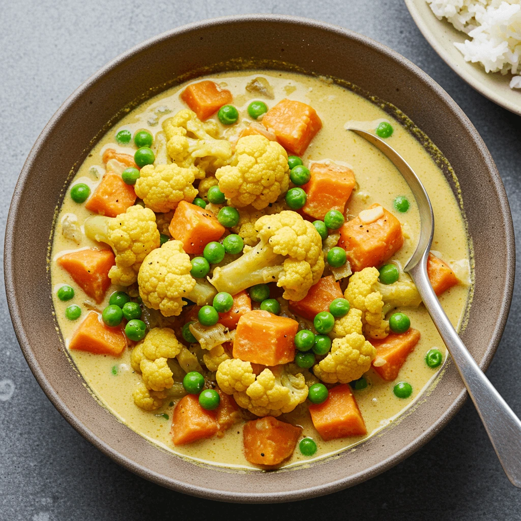 Vegetarisches Curry mit Kokosmilch, Blumenkohl, Süßkartoffeln und Erbsen, im Thermomix zubereitet.