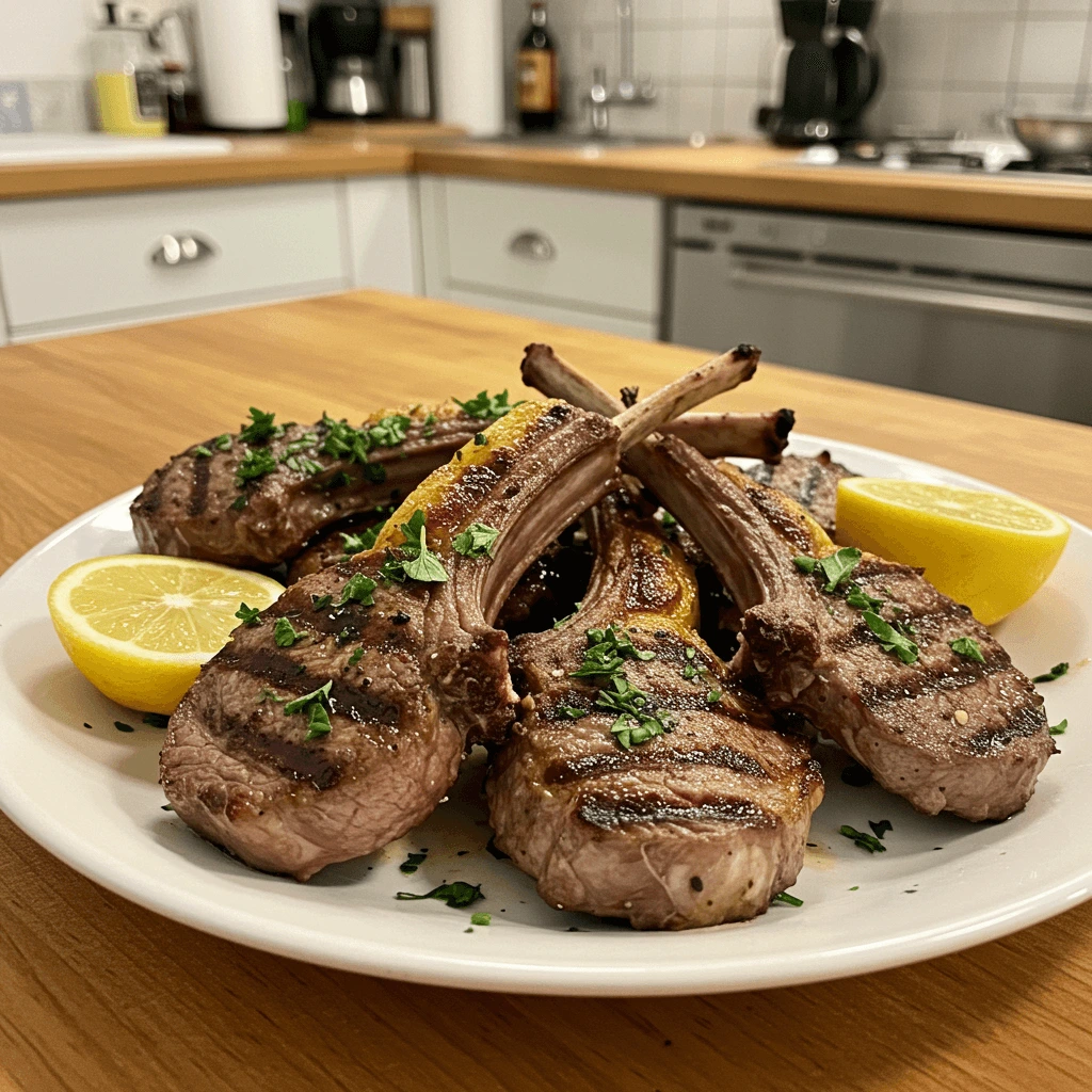 Lammkoteletts, gegrillt mit mediterranen Gewürzen und Zitronenscheiben.