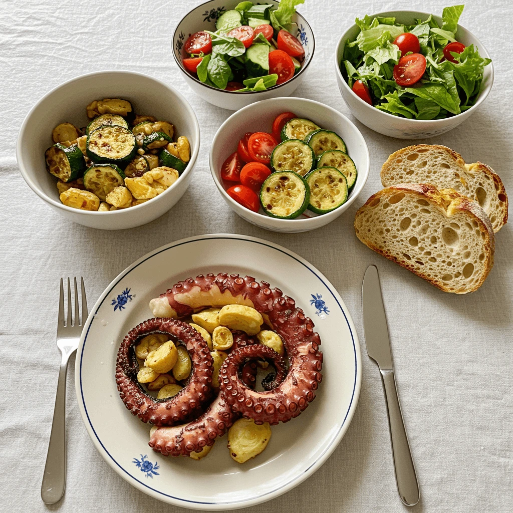 Ein Oktopus Rezept mit gegrilltem Gemüse, Salat und Ciabatta serviert.