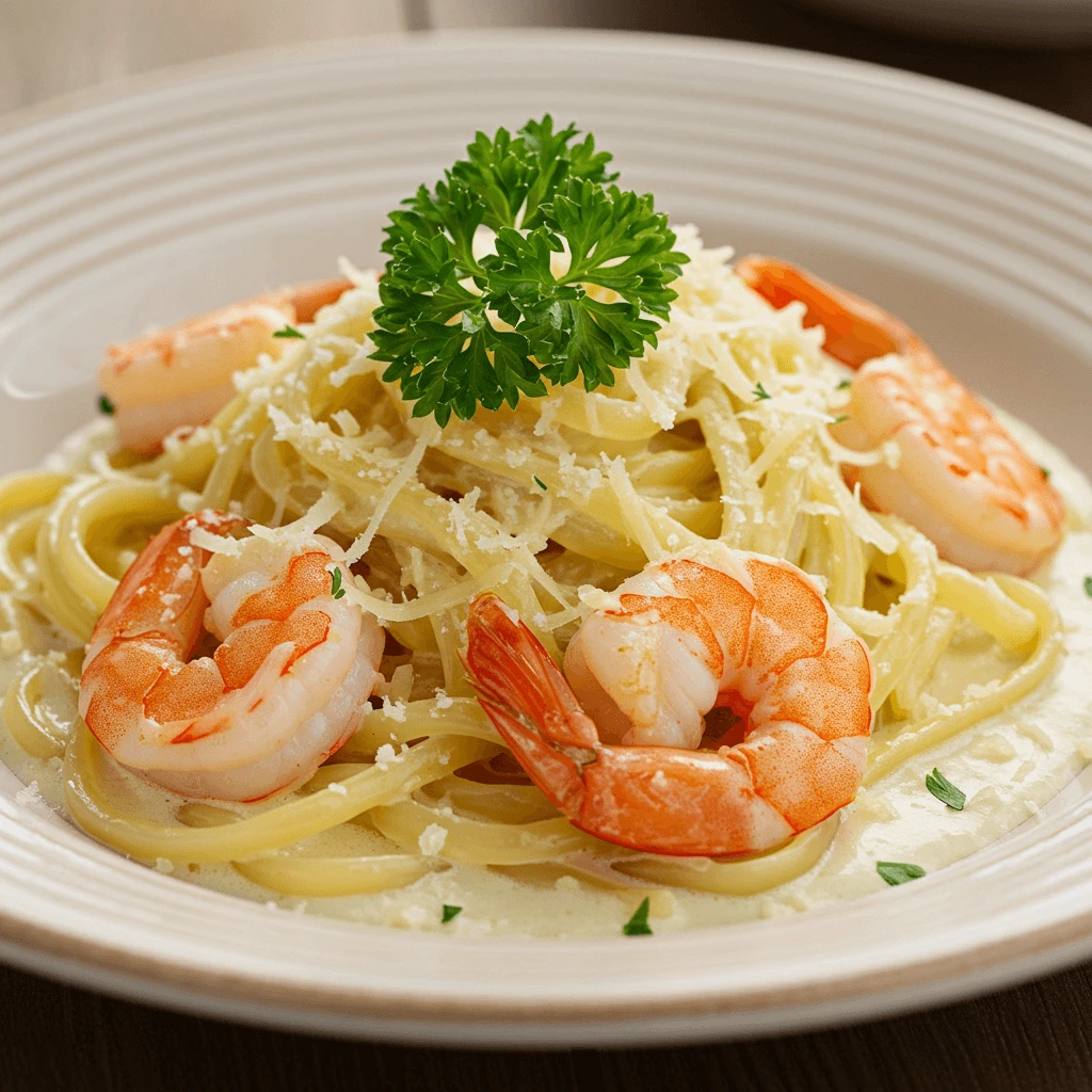 Ein perfekt angerichtetes Gericht mit Garnelen, Pasta und frischen Kräutern.