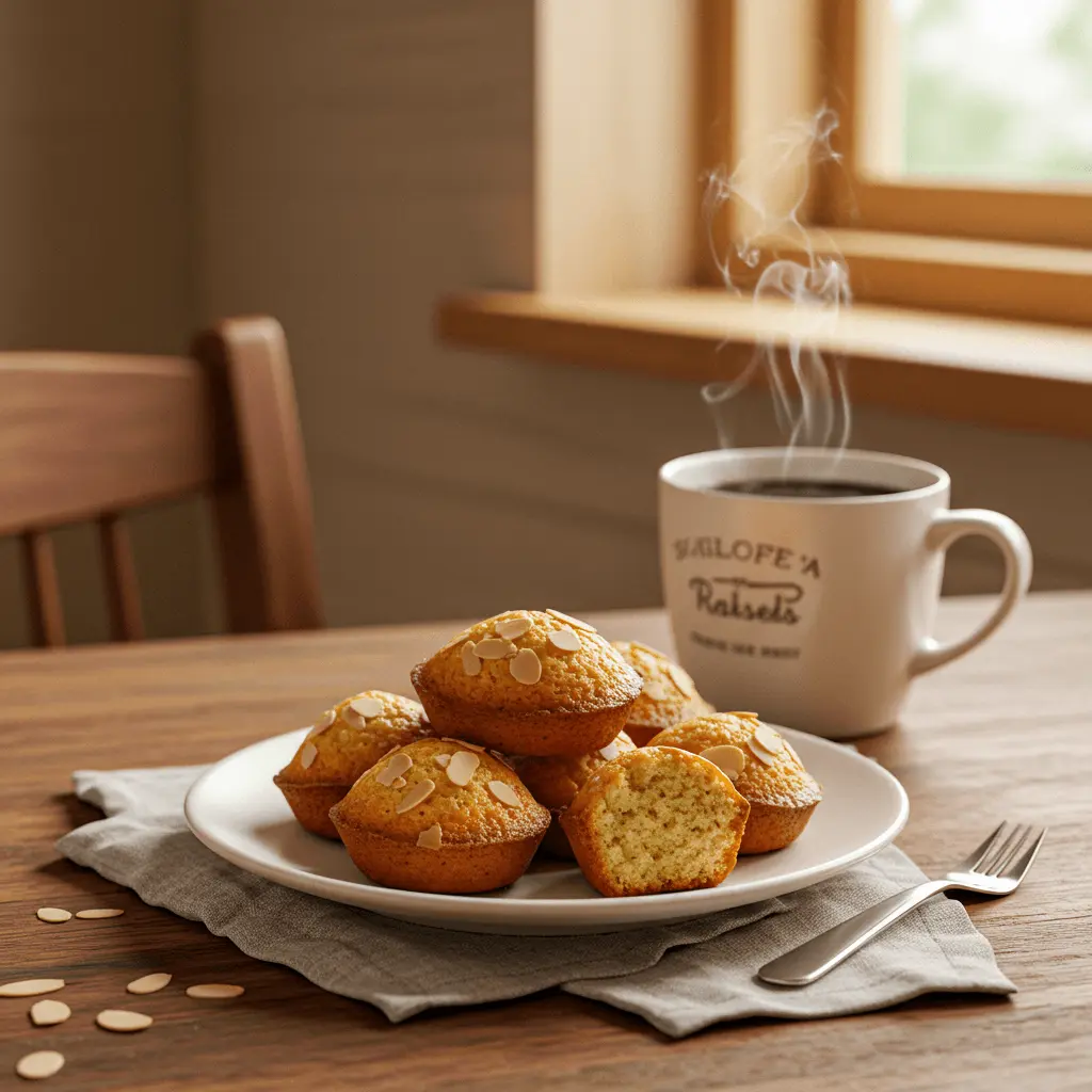 Mandelküchlein Rezept: Mandelküchlein auf einem Teller serviert mit einer Tasse Tee