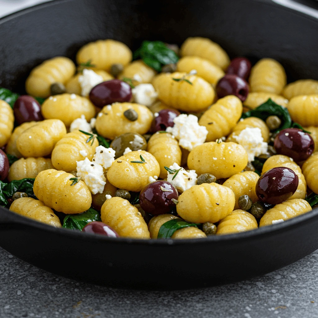 Mediterrane Pfannen-Gnocchi mit Oliven, Feta, Kirschtomaten und Oregano.