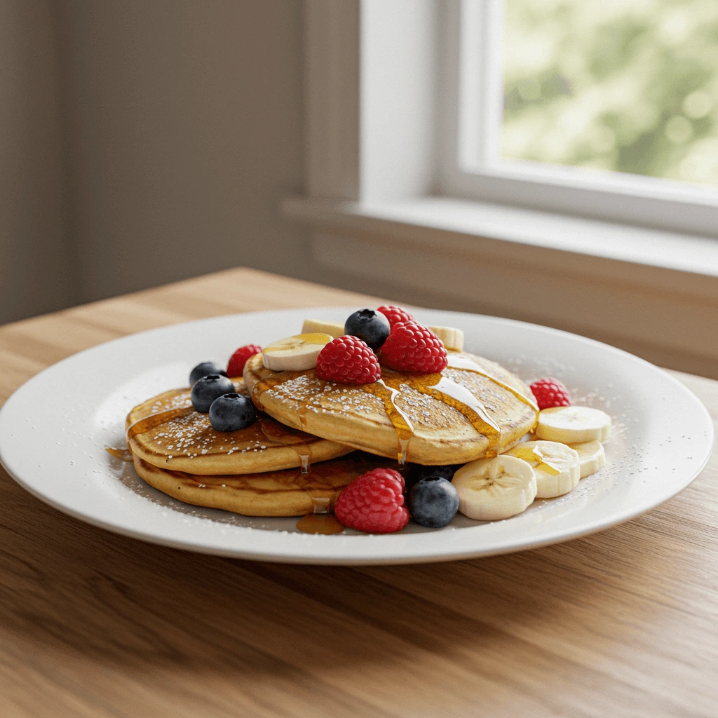 Servierte Pfannkuchen mit frischen Früchten und Sirup