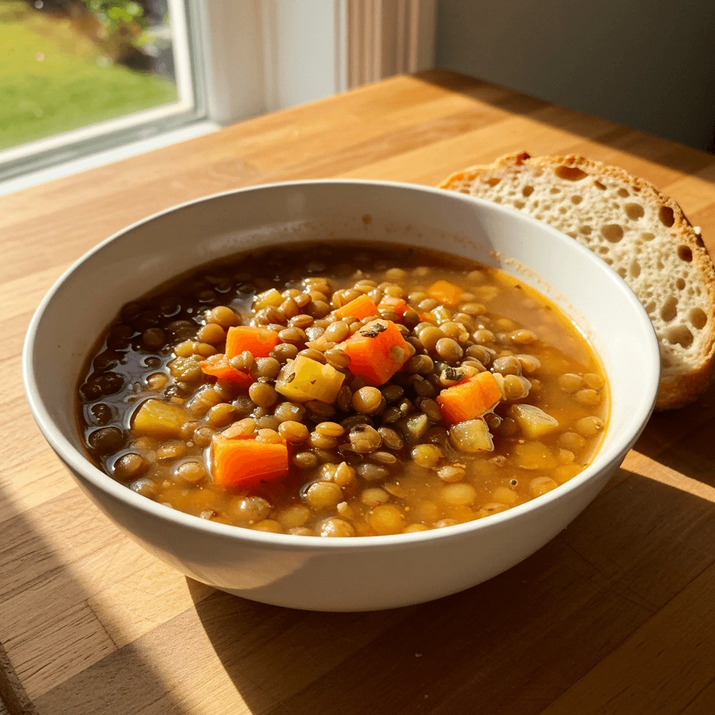 Herzhafte Linsensuppe mit knusprigem Brot, wärmend und sättigend, in gemütlicher Atmosphäre serviert.