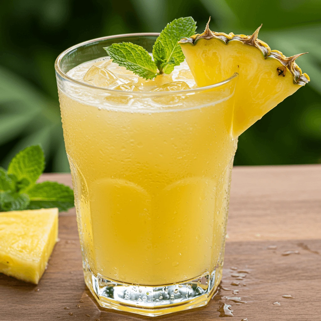 Ananas-Kokoswasser-Saft in einem Glas, dekoriert mit einer Ananasscheibe. 5/5 rezepte zum entsaften