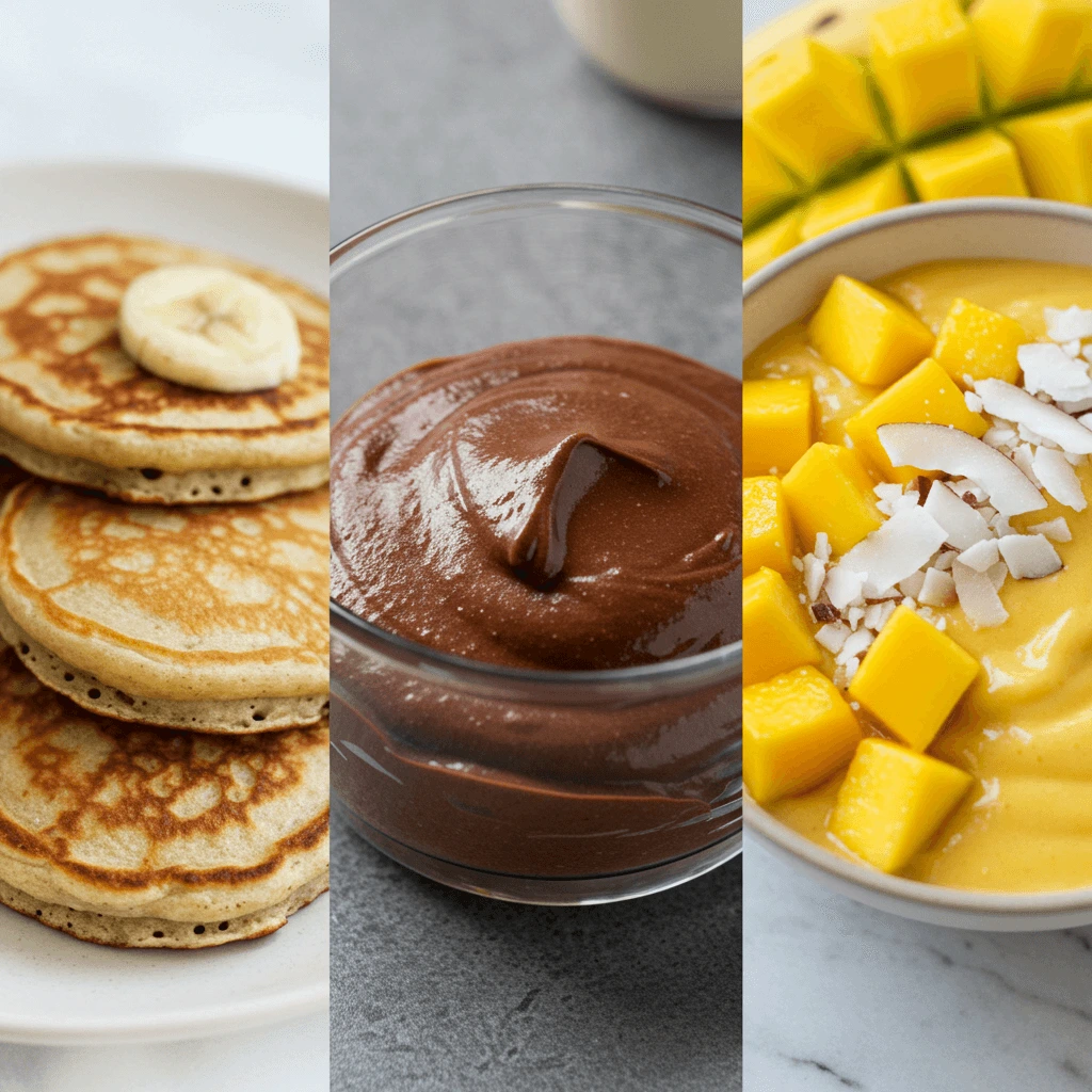 Eine Auswahl an veganen Desserts, darunter Bananen-Pfannkuchen, Schokoladenmousse mit Beeren und eine Mango-Kokos-Smoothie-Bowl mit Früchten.

