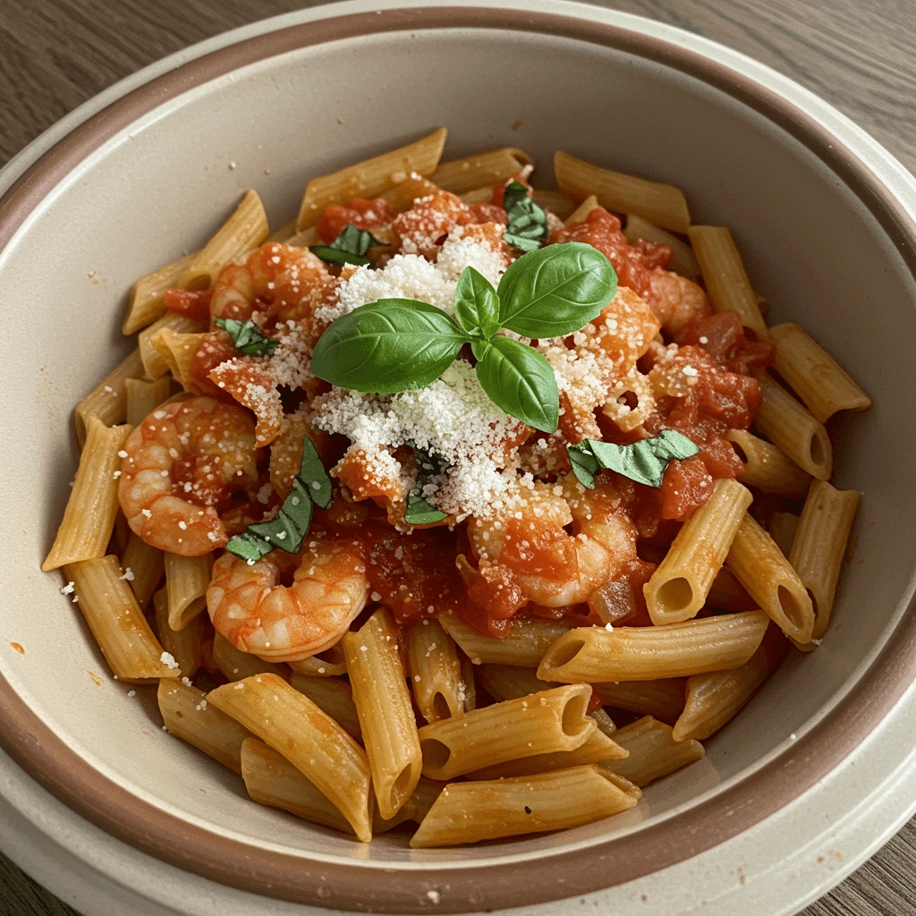 Hausgemachte Scampi in einer aromatischen Tomatensauce mit frischem Basilikum.