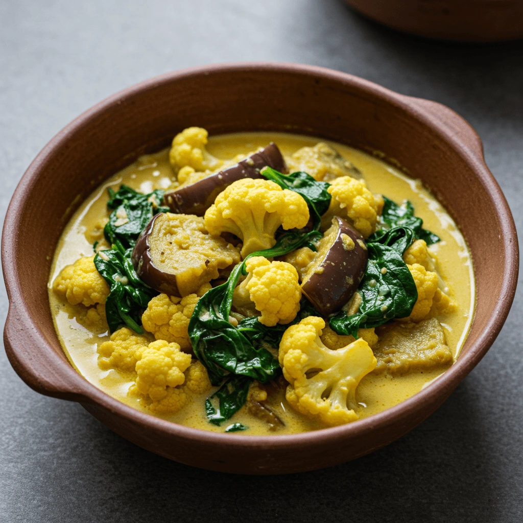 Gemüse-Curry mit Kokosmilch, Auberginen, Blumenkohl und Spinat in einer Schale.