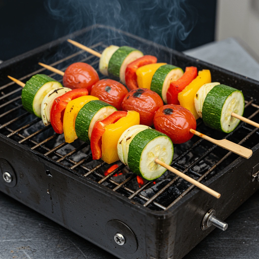 Gegrillte Gemüse-Spieße mit Paprika, Zucchini und Tomaten.