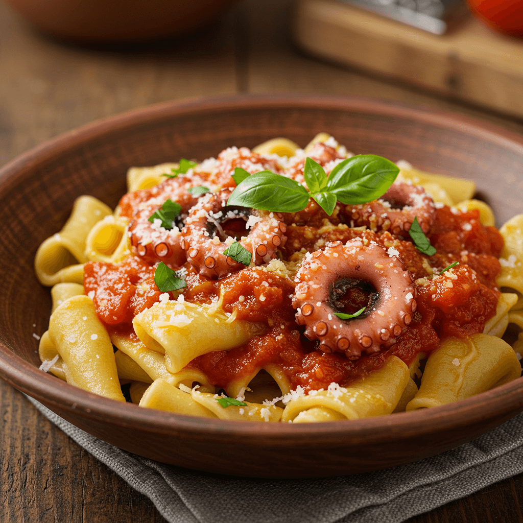 Pasta mit Pulpo und würziger Tomatensoße.