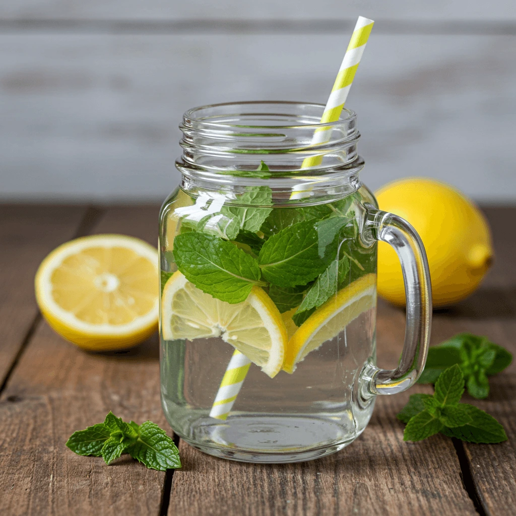 Detox-Wasser mit Zitronenscheiben, frischer Minze und Beeren in einem Glas.