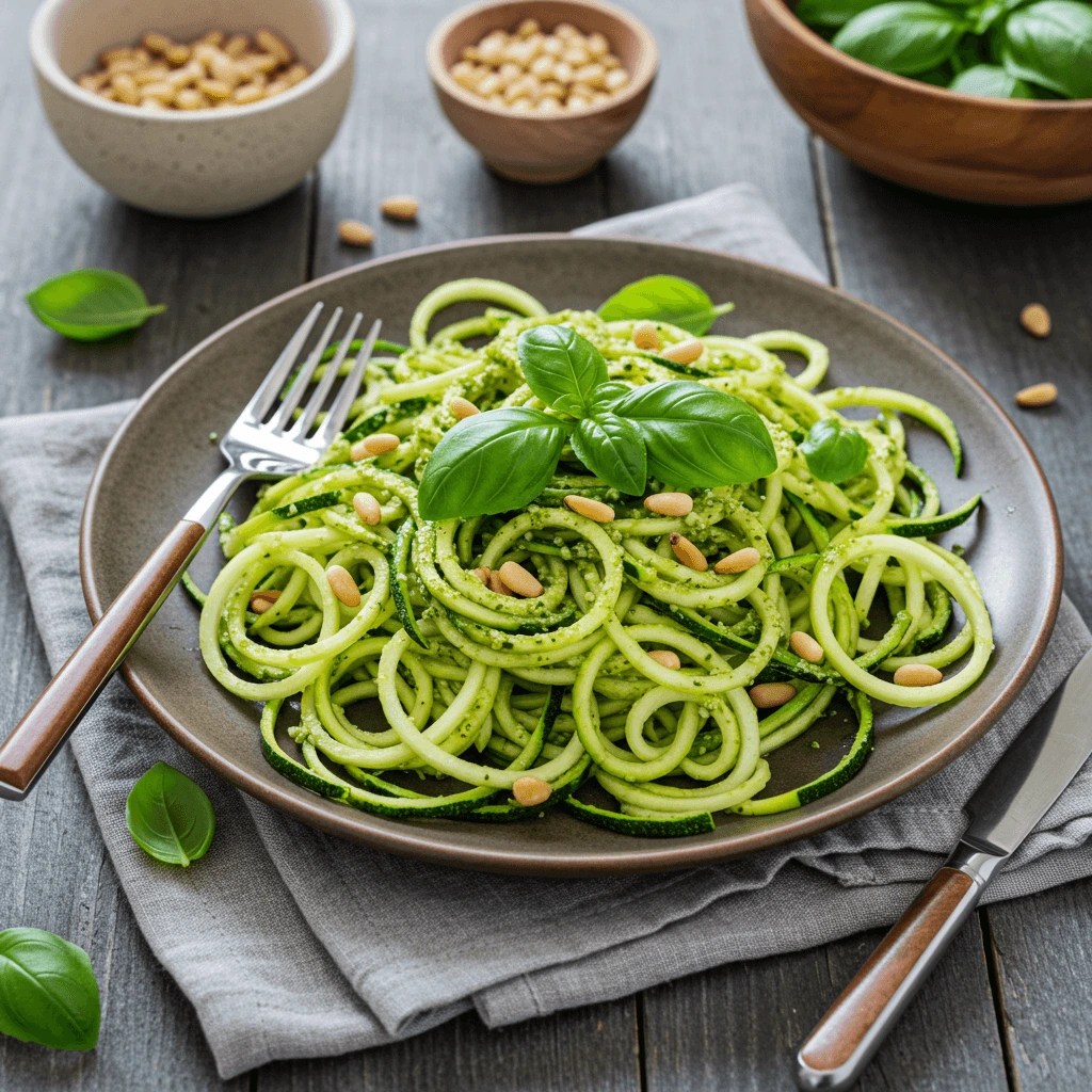 Rezepte Basenfasten – Zucchini-Nudeln mit Basilikum-Pesto und Pinienkernen auf einem Teller.