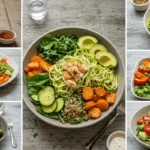 Collage of Louwen Diät Rezepte including Low-Carb Gemüsepfanne, Eiweißreiche Quinoa-Bowl, Zucchini-Nudeln mit Hähnchen, Avocado-Lachs-Salat, and Blumenkohl-Reis mit Gemüse.