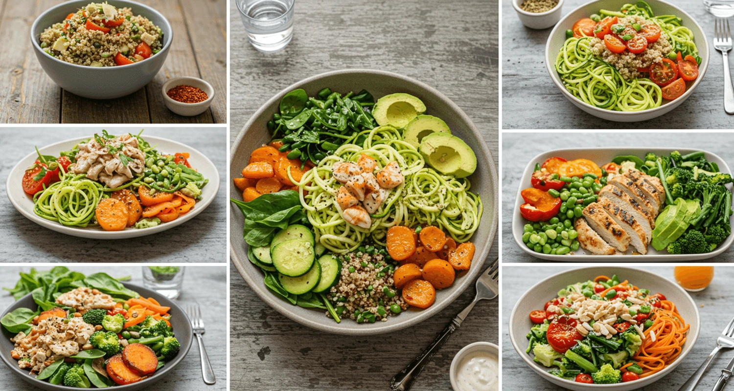 Collage of Louwen Diät Rezepte including Low-Carb Gemüsepfanne, Eiweißreiche Quinoa-Bowl, Zucchini-Nudeln mit Hähnchen, Avocado-Lachs-Salat, and Blumenkohl-Reis mit Gemüse.