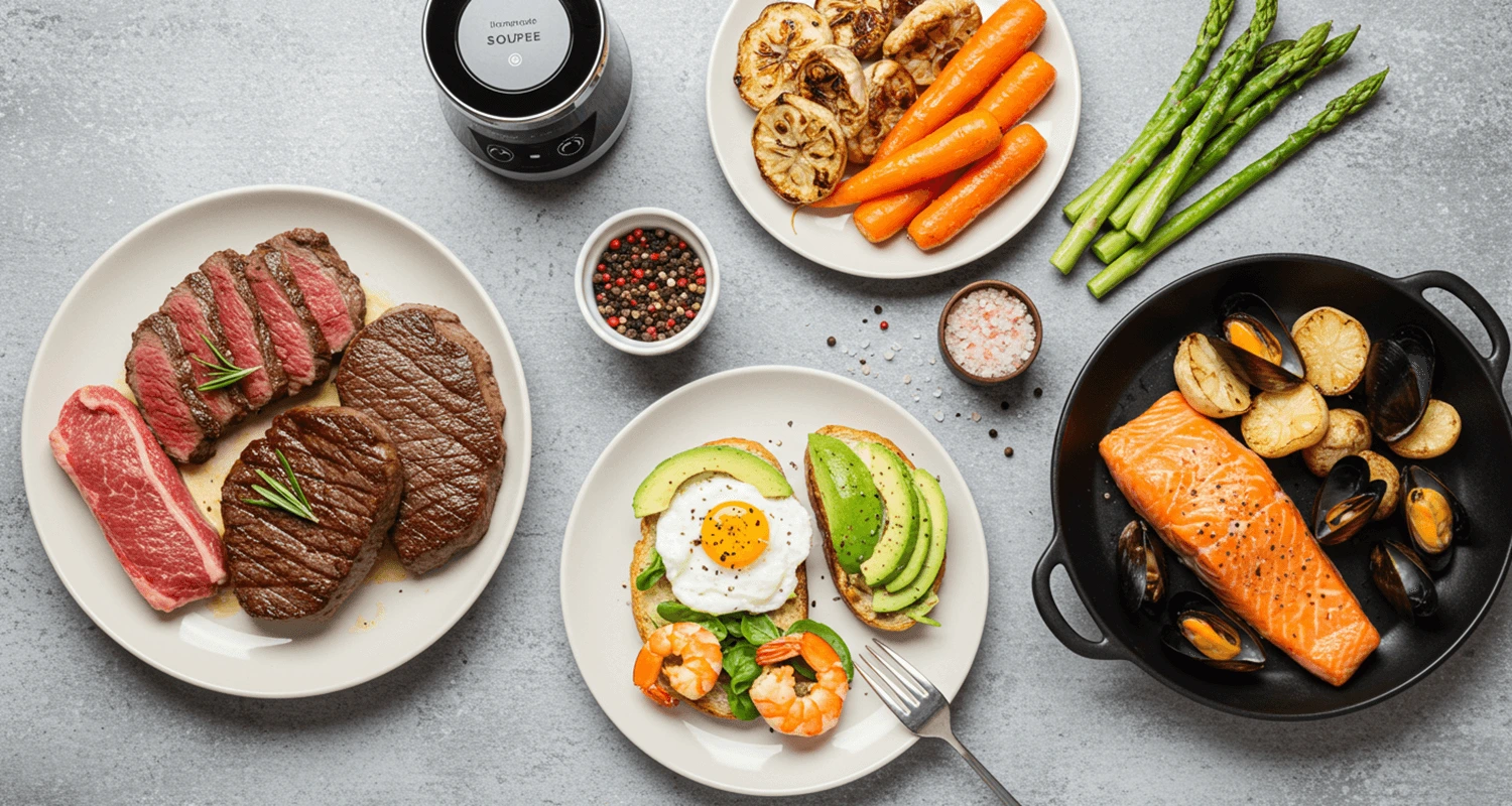 Collage mit Sous Vide Gerichten: Rindersteak, Hähnchenbrust, Lammfilet, Karotten, Spargel, Avocado-Toast, Eiergerichte, Lachs, Garnelen und Muscheln.