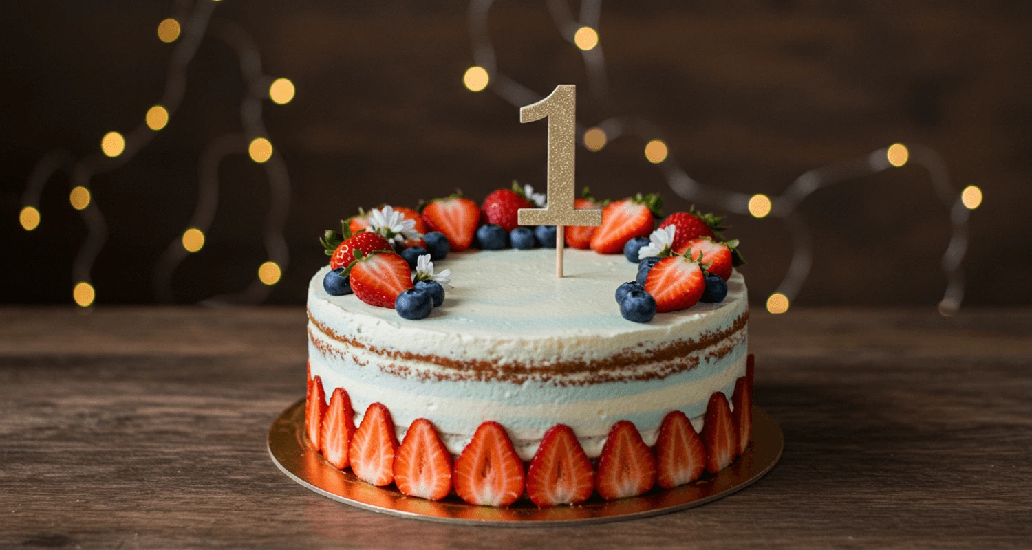 1. Geburtstag Torte – Selbstgemachte Torte mit frischen Früchten und einer '1' Dekoration