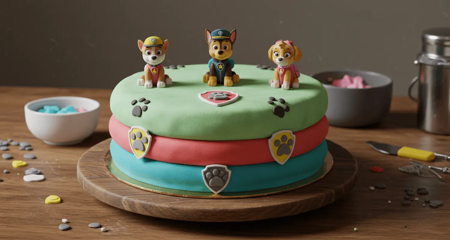 Selbstgemachte Paw Patrol Torte dekoriert mit Fondantfiguren von Chase, Marshall und Skye für eine Geburtstagsfeier.