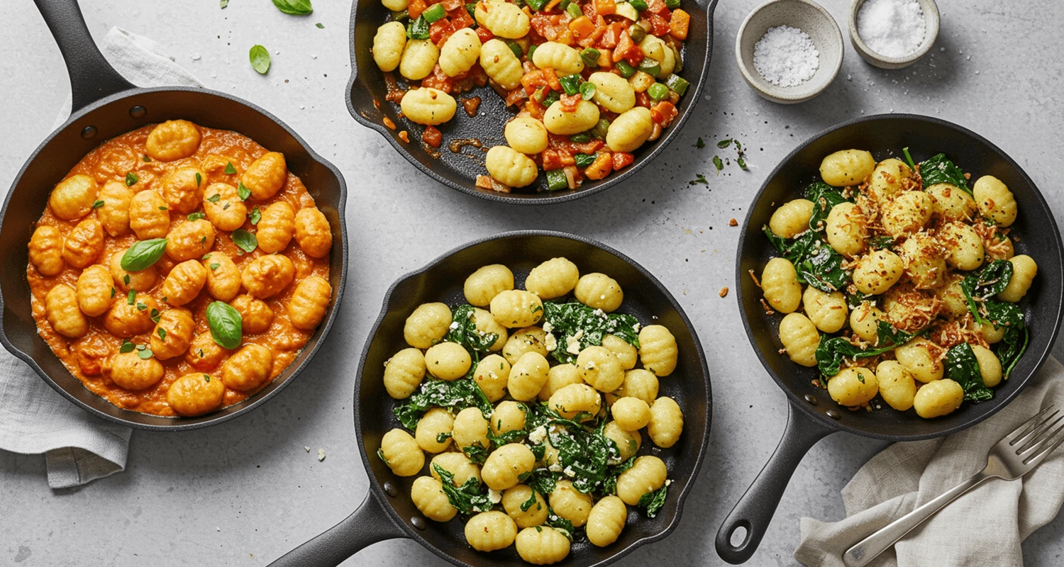 Eine Auswahl von fünf köstlichen Pfannen-Gnocchi Rezepten in einer Pfanne: Cremige Tomatensauce, Gemüsepfanne, Kräuterbutter, Spinat mit Käse und mediterrane Variante mit Oliven und Feta.