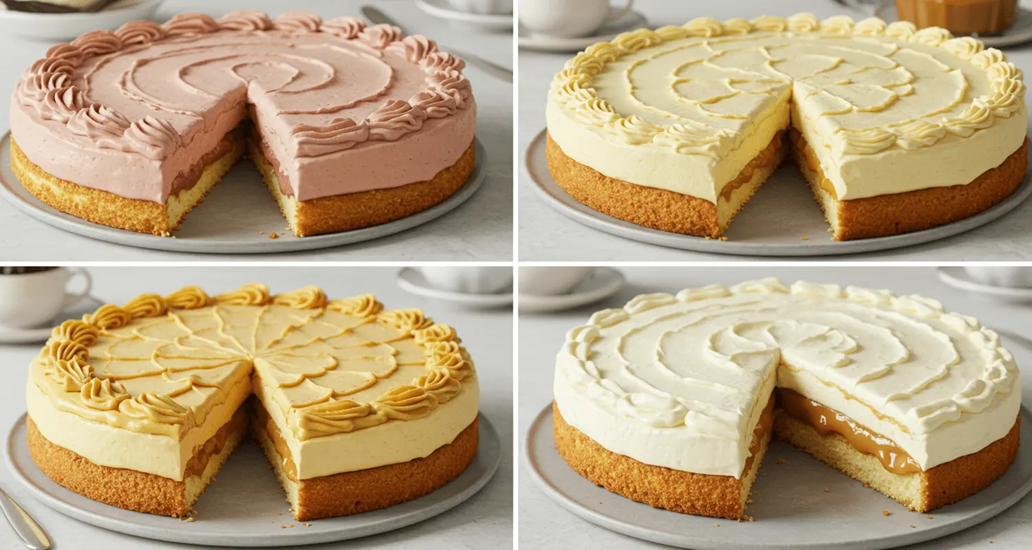 Torten Creme: A variety of cakes with different Torten Creme types (Vanille, Schokolade, Fruchtig, Buttercreme, Karamell, Frischkäse) beautifully decorated.