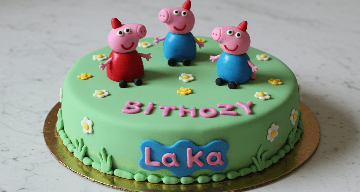 Selbstgemachte Peppa Wutz Torte mit Fondant-Dekorationen und lebendigen Farben.