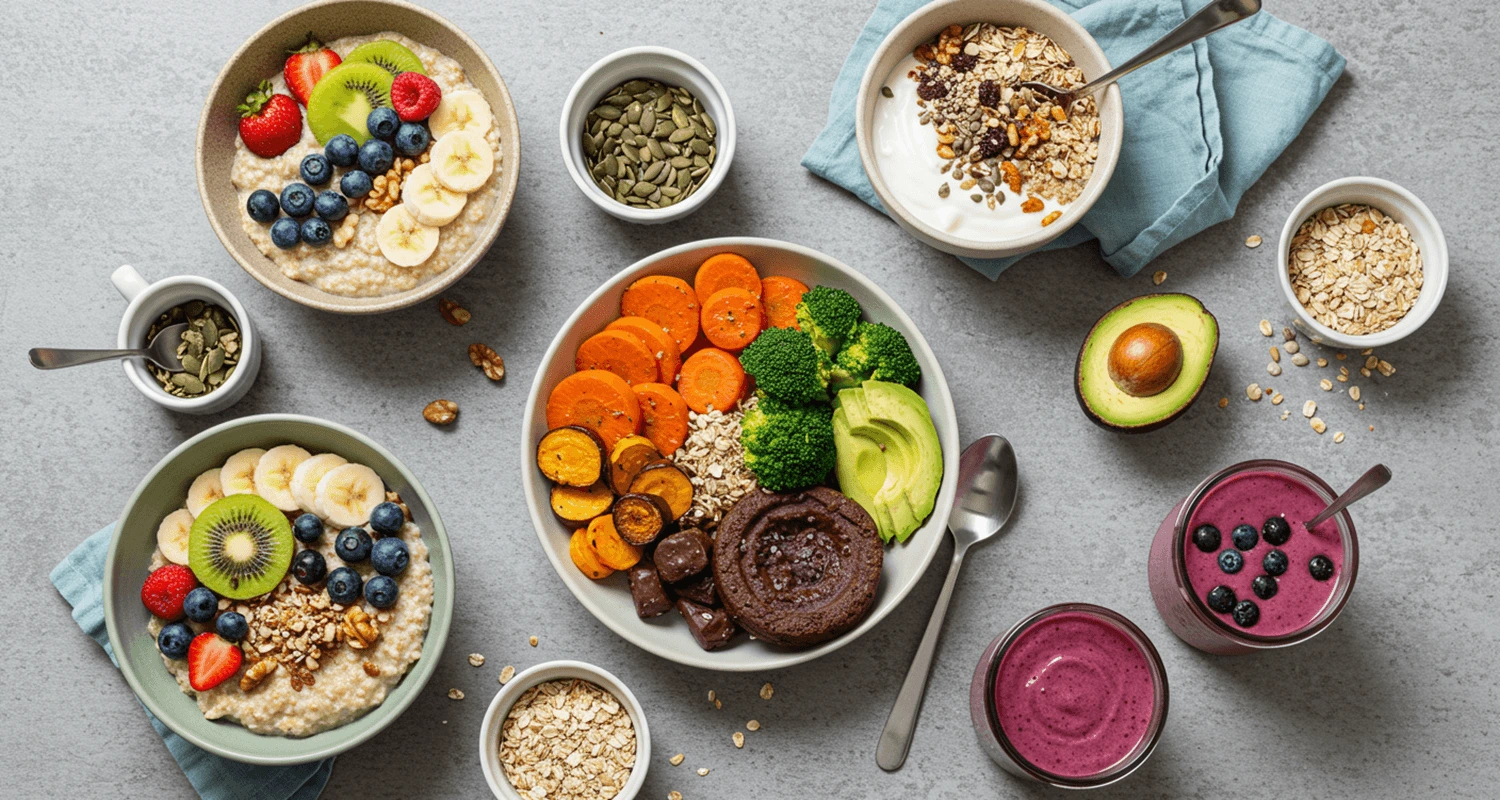 Variety of Hafertage Rezepte: Haferflocken-Porridge, Müsli, Haferflocken-Bowl, Haferflocken-Schokoladenkekse, and Hafermilch-Smoothie