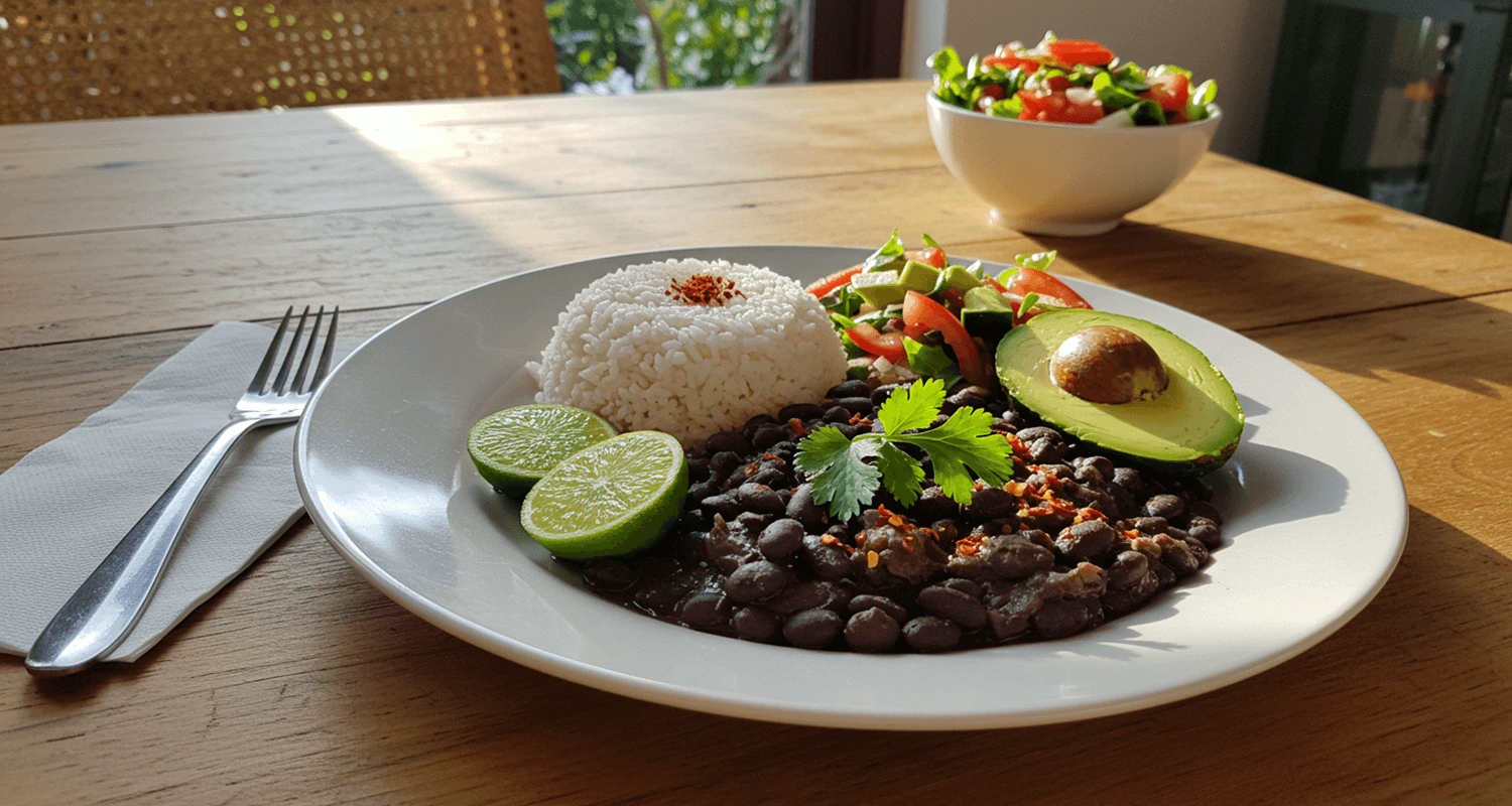 Rezept für schwarze Bohnen: Gekochte schwarze Bohnen mit frischen Kräutern und Limettenscheiben, serviert mit Reis und Avocado.