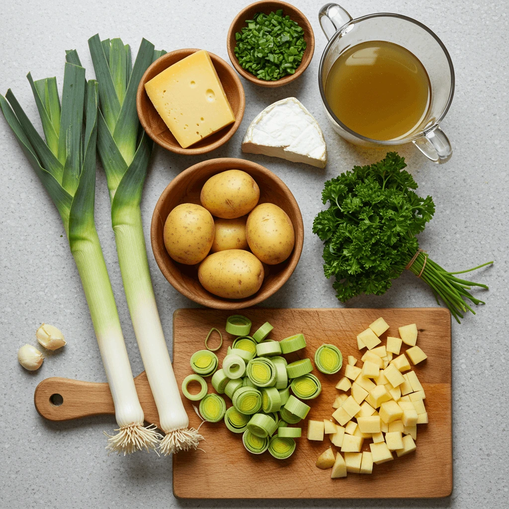 Zutaten für vegetarische Käse Lauch Suppe: Lauch, Kartoffeln, Käse, Gemüsebrühe und frische Kräuter.