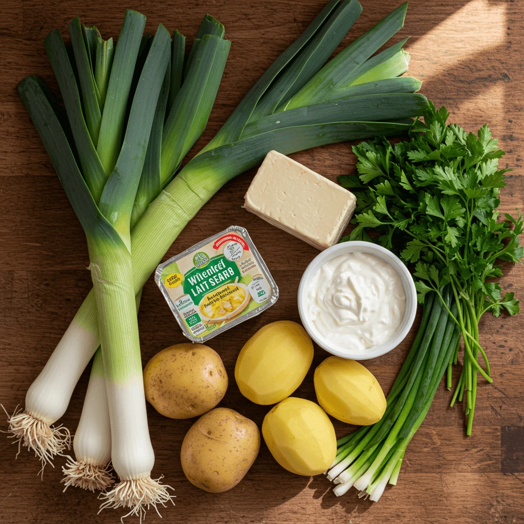 Frische Zutaten für vegane Käse Lauch Suppe: Lauch, pflanzlicher Käse, pflanzliche Sahne, Kartoffeln und Kräuter.