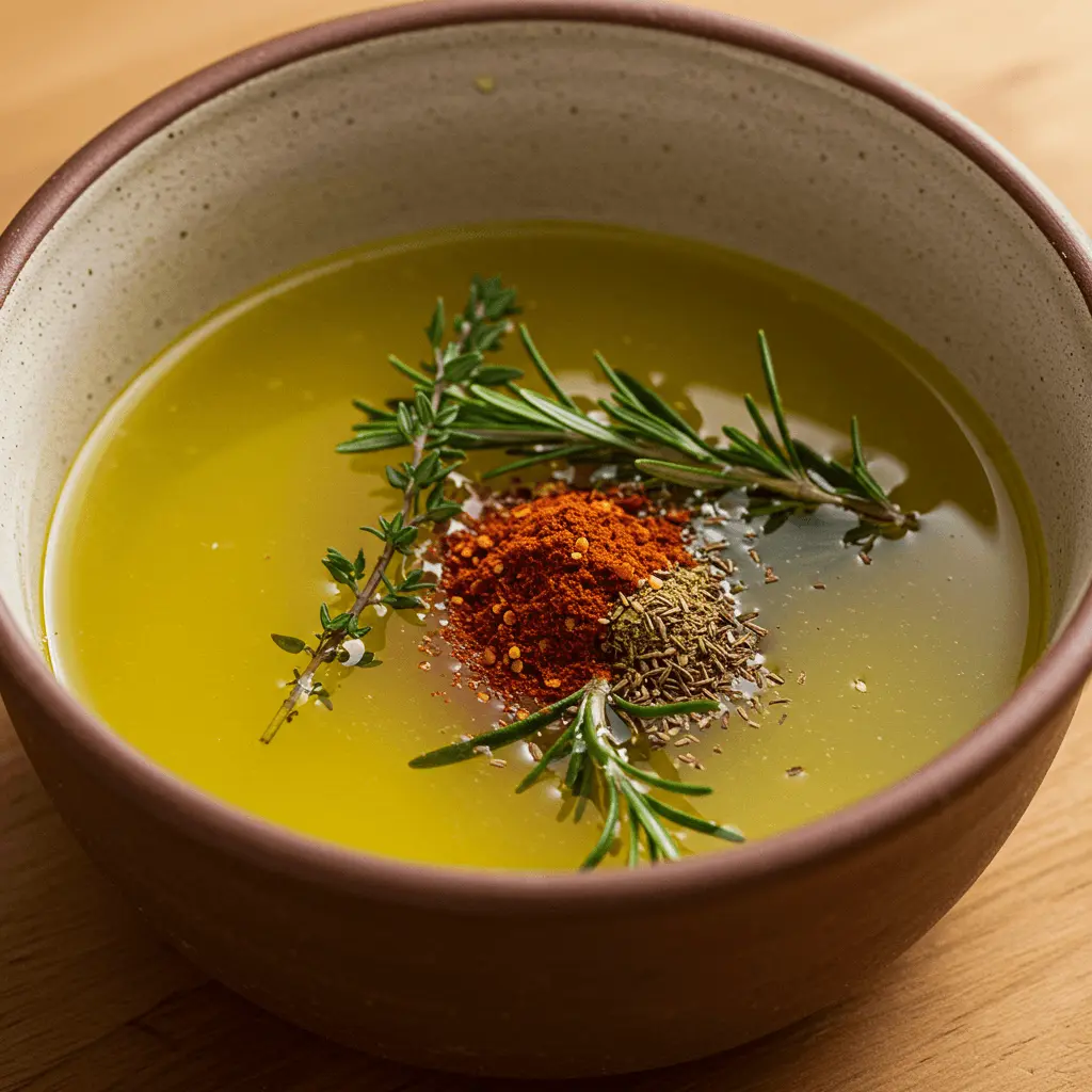 Grillen Hähnchen Marinade Zutaten: Olivenöl, Zitronensaft, frische Kräuter und Gewürze wie Paprika und Kreuzkümmel.