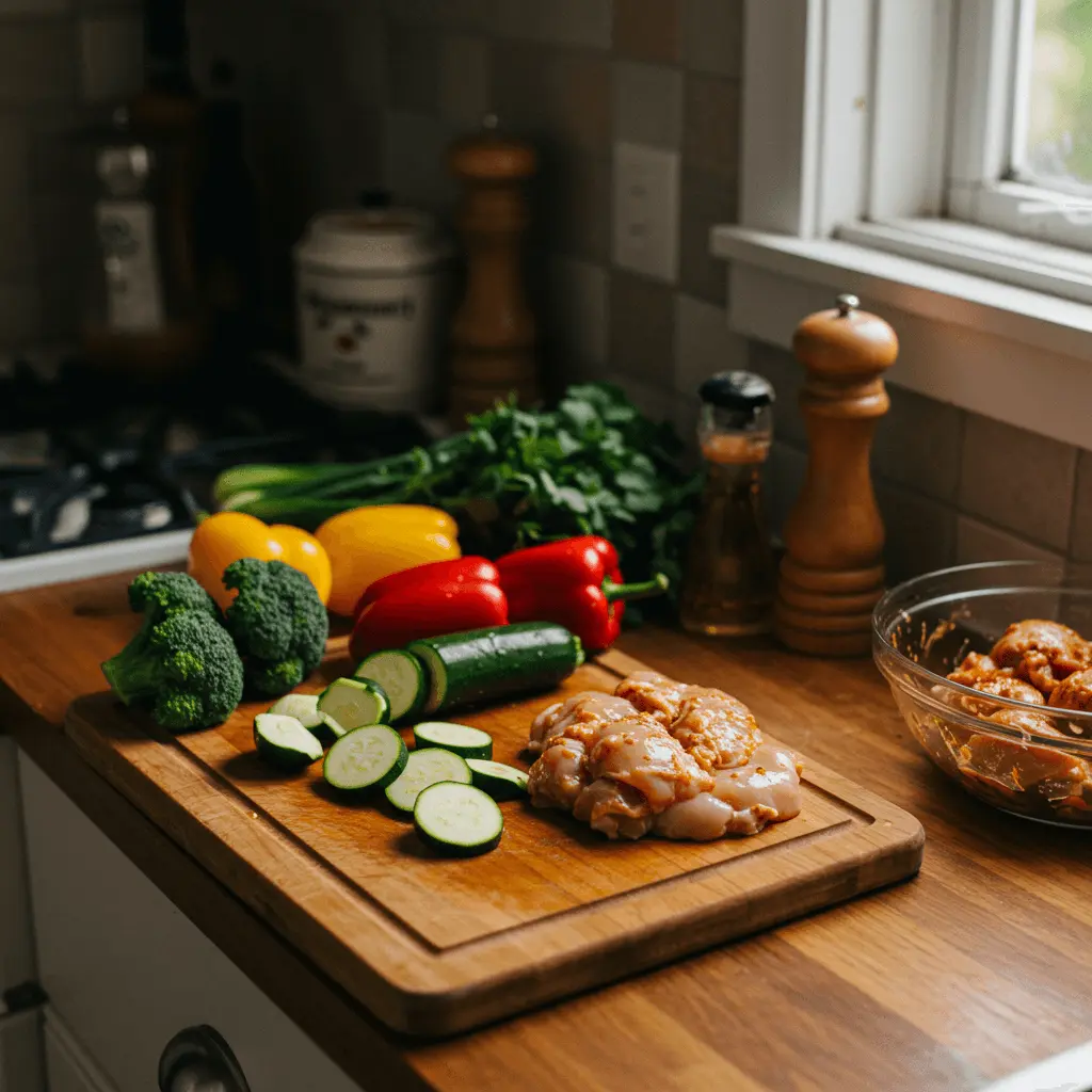 Frische Zutaten für eine Gemüse Hähnchen Pfanne, darunter Zucchini, Paprika, Brokkoli und mariniertes Hähnchen.