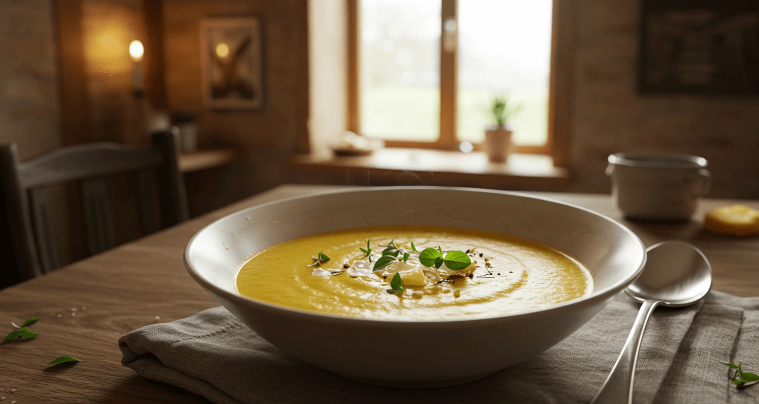 Vegane Käse Lauch Suppe in einer Schüssel, garniert mit frischen Kräutern und pflanzlichem Käse – cremig und lecker.