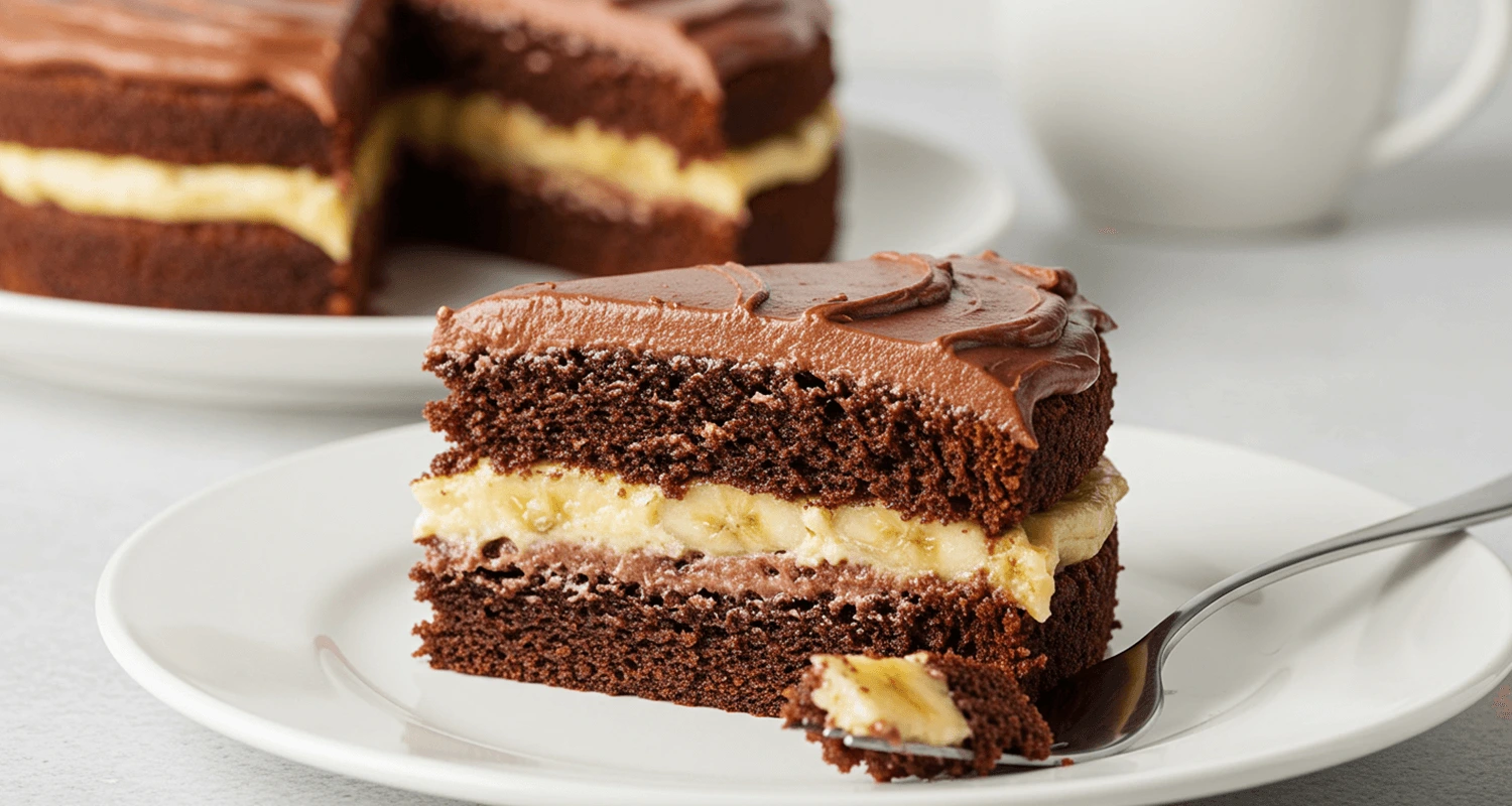 Torte mit Schokobananen auf einem Holztisch, dekoriert mit geschmolzener Schokolade und Bananenscheiben