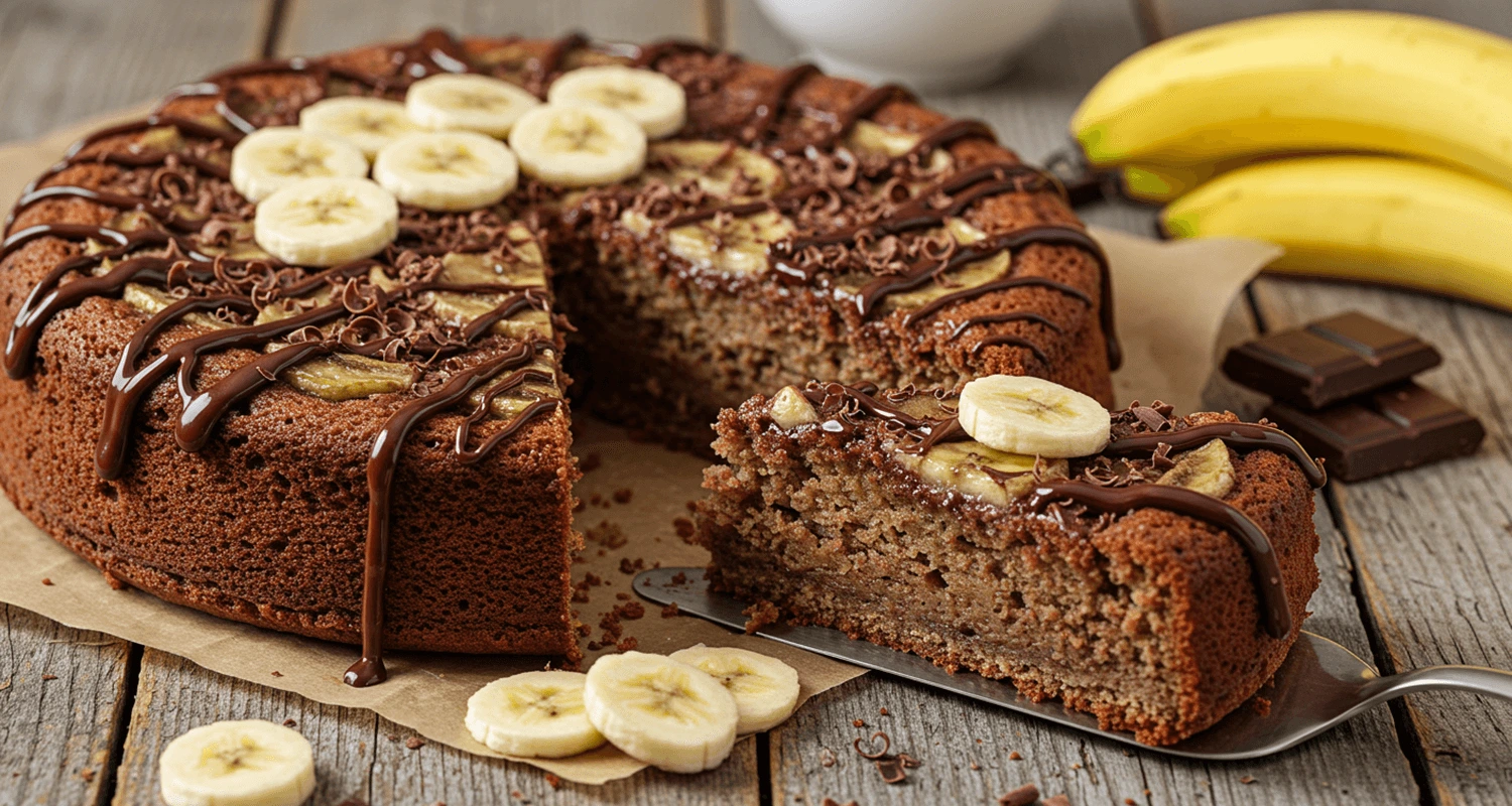 Selbstgemachte Schoko Bananen Torte mit Schokoladenguss und Bananenscheiben auf einem rustikalen Holztisch.