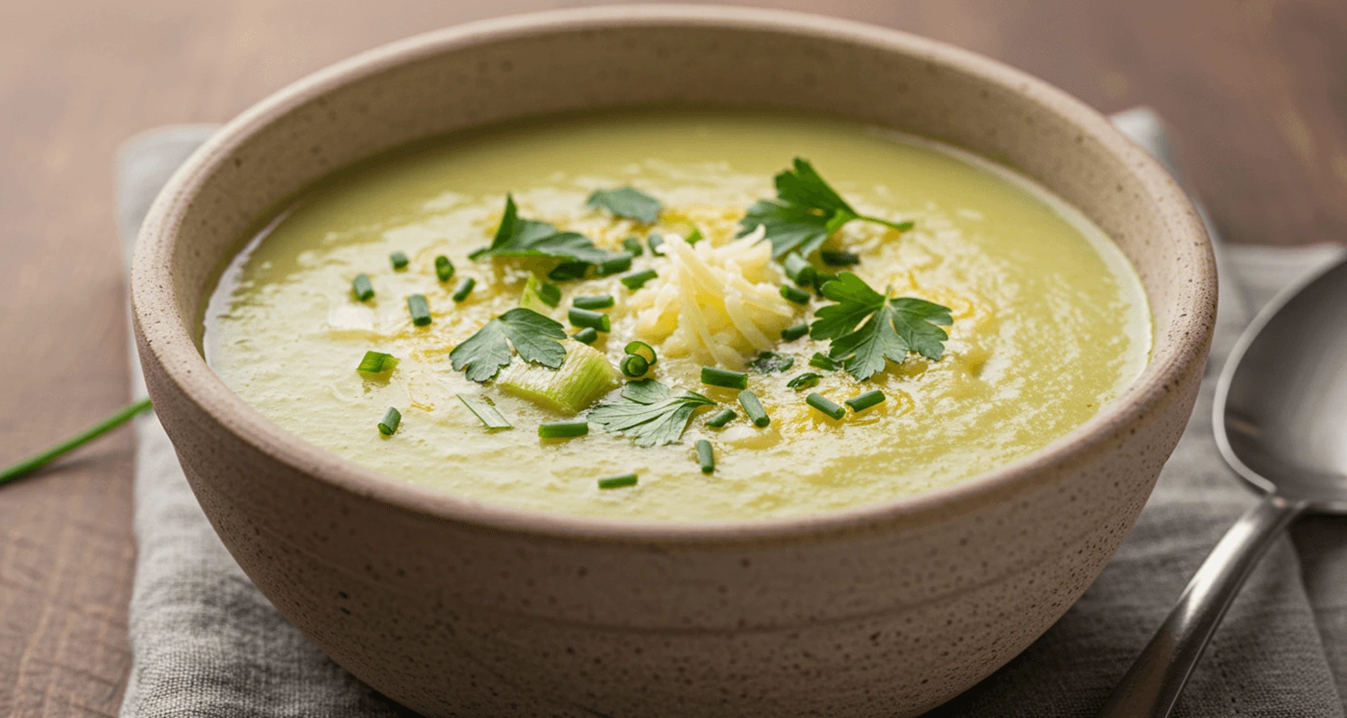 Vegetarische Käse Lauch Suppe in einer Schale, garniert mit frischen Kräutern und geschmolzenem Käse.