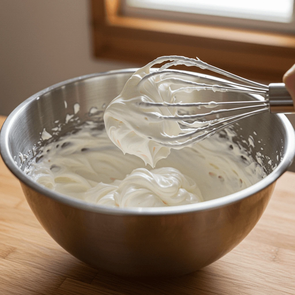 Frische Sahnefüllung für die Agnes Bernauer Torte wird in einer Schüssel mit einem Schneebesen vorbereitet.