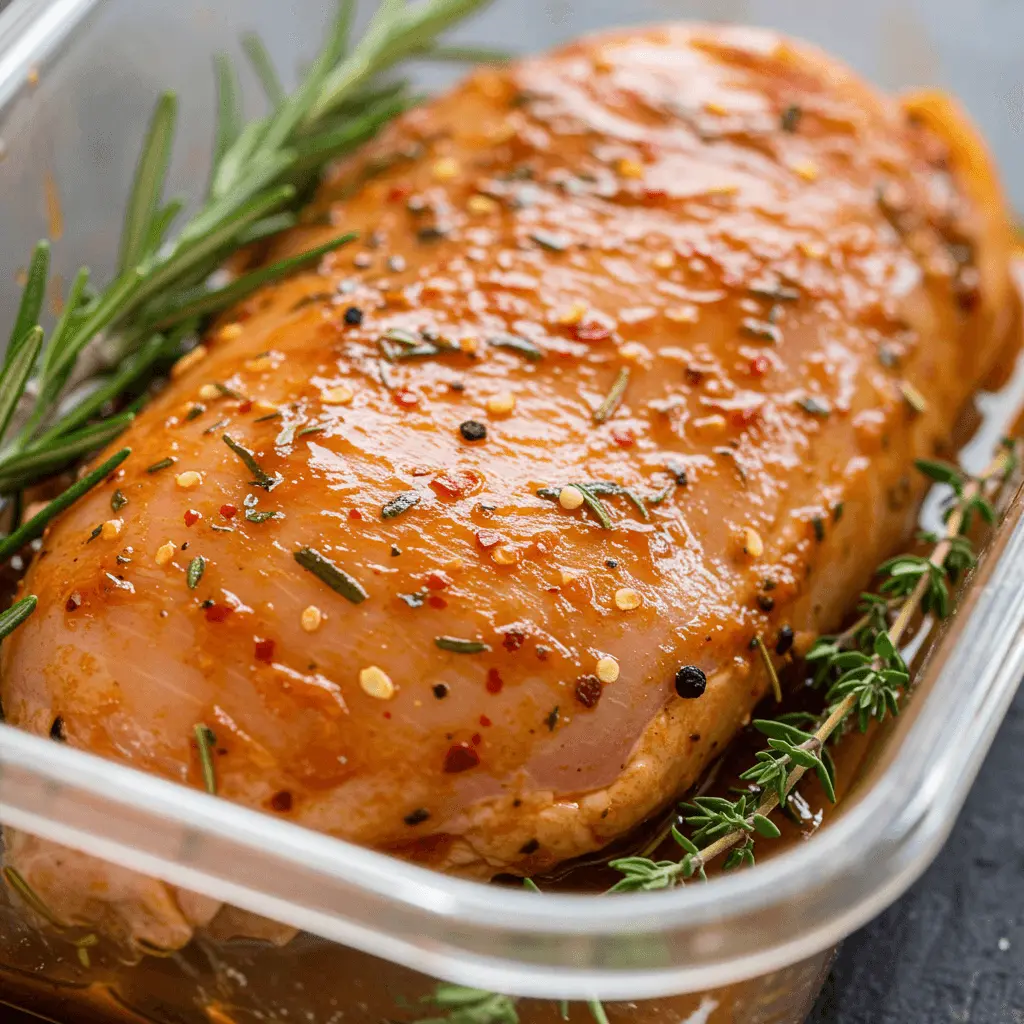 Grillen Hähnchen Marinade: Hähnchenbrust in einer Marinade aus frischen Kräutern und Gewürzen.