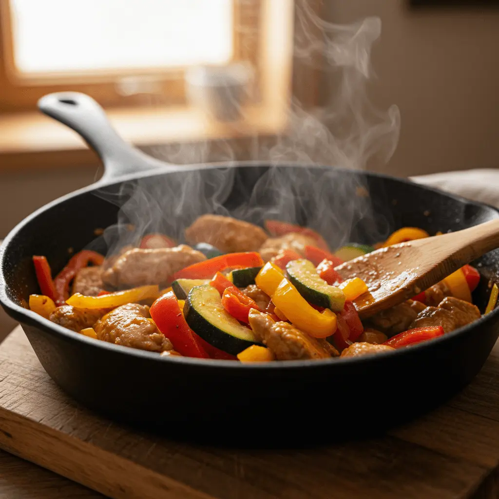 Gemüse Hähnchen Pfanne beim Kochen in einer Pfanne mit dampfenden Zutaten wie Zucchini, Paprika und Brokkoli.