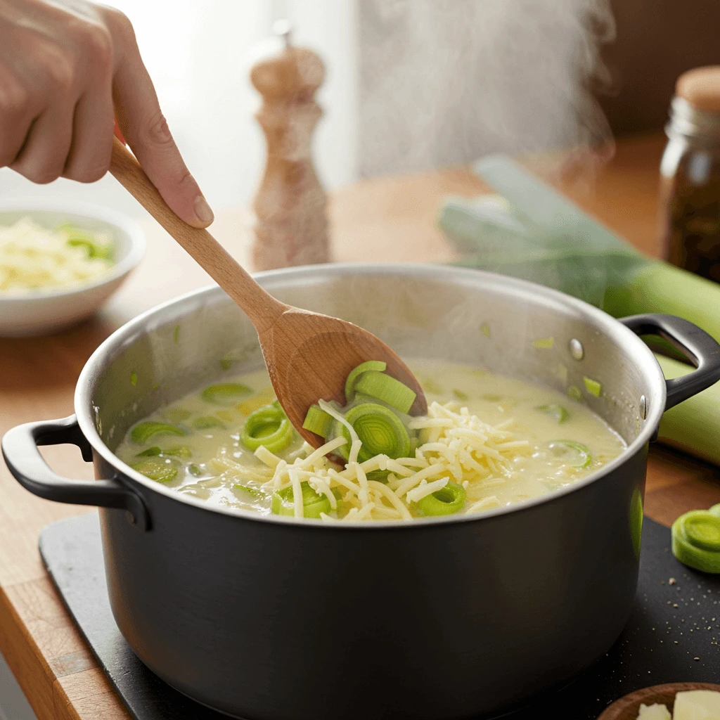 Vegetarische Käse Lauch Suppe wird gekocht, mit Dampf und geschmolzenem Käse im Topf.