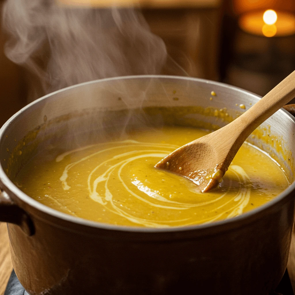 Vegane Käse Lauch Suppe kocht in einem Topf, mit Dampf und einem Holzlöffel – cremige Konsistenz.