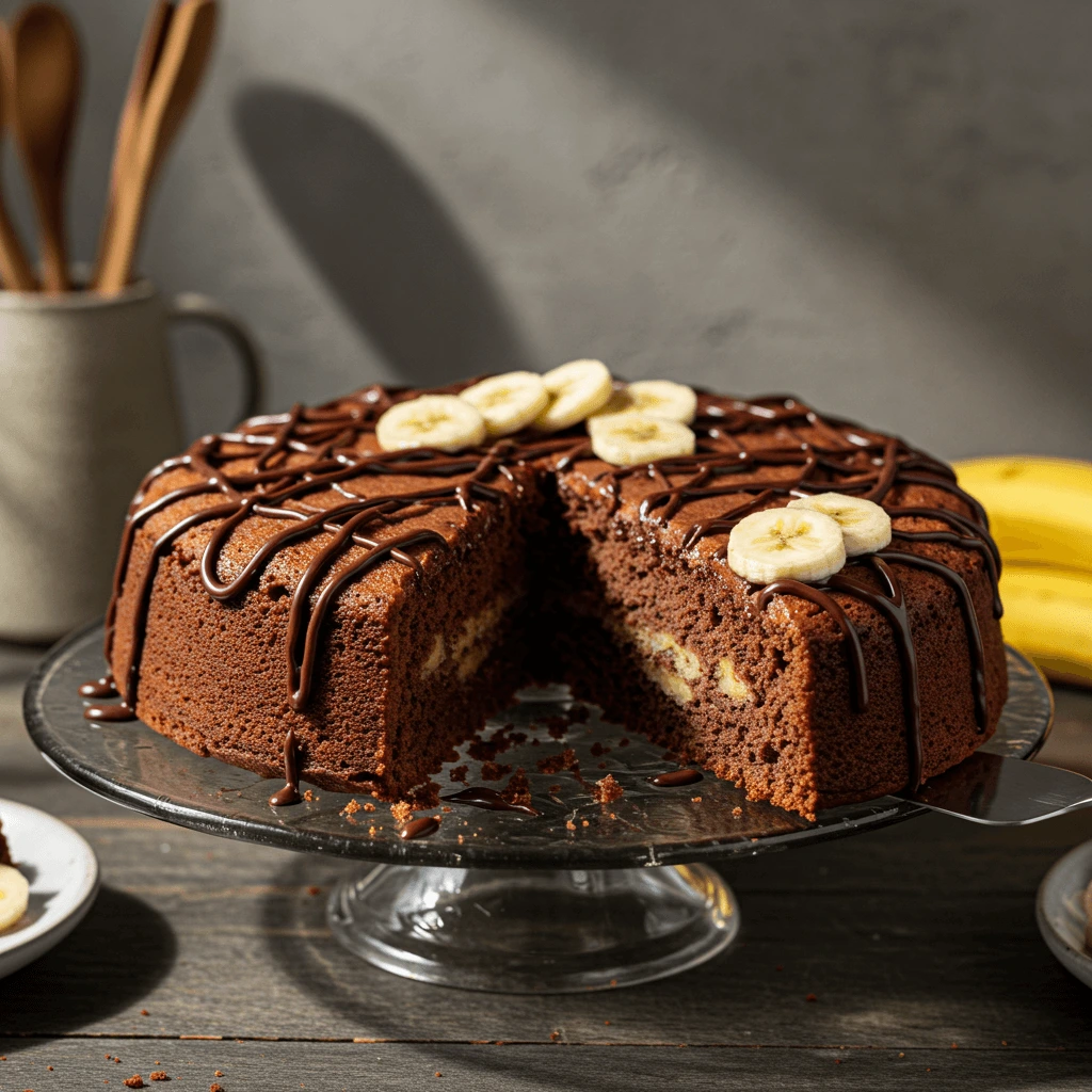 Schoko Bananen Torte auf einem Kuchenteller, mit einem angeschnittenen Stück und Schokoladenglasur.