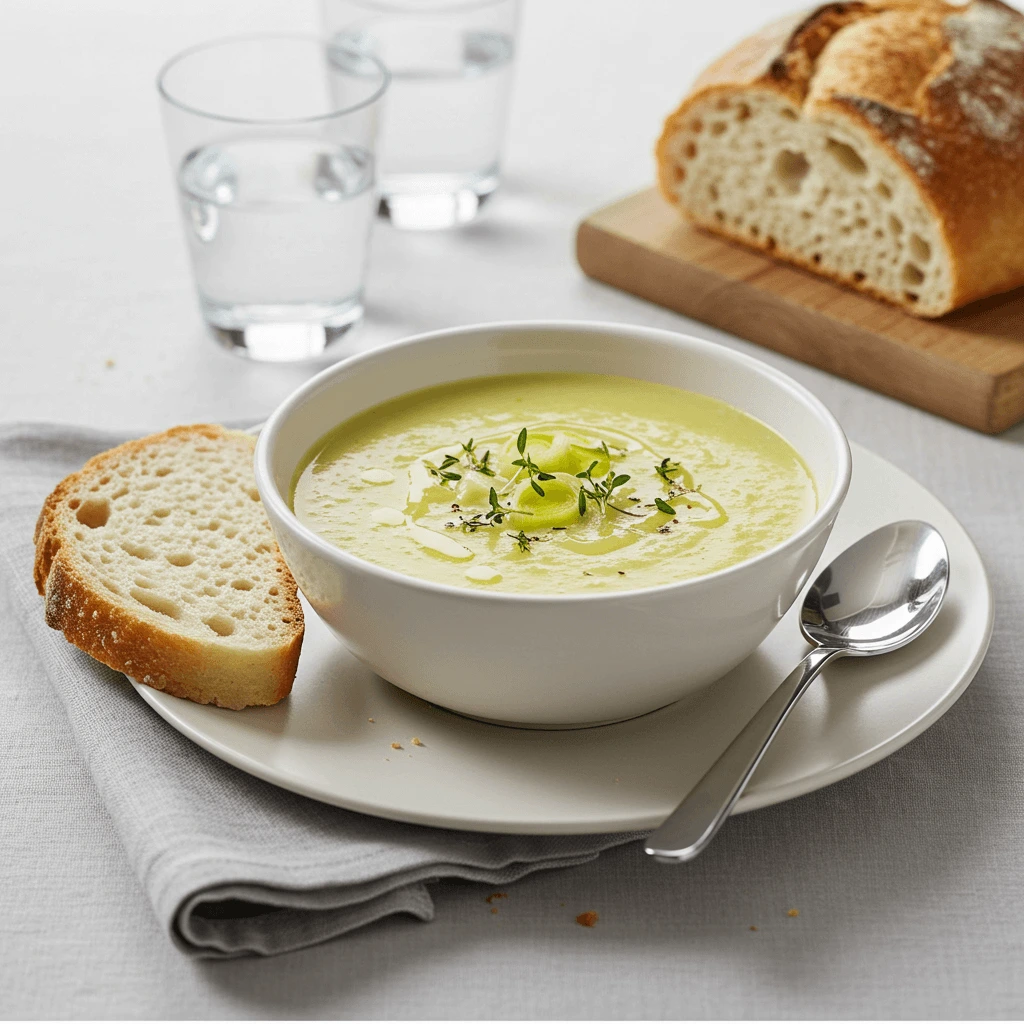 Fertige vegetarische Käse Lauch Suppe in einer Schale, garniert mit frischen Kräutern und serviert mit einer Scheibe Brot.