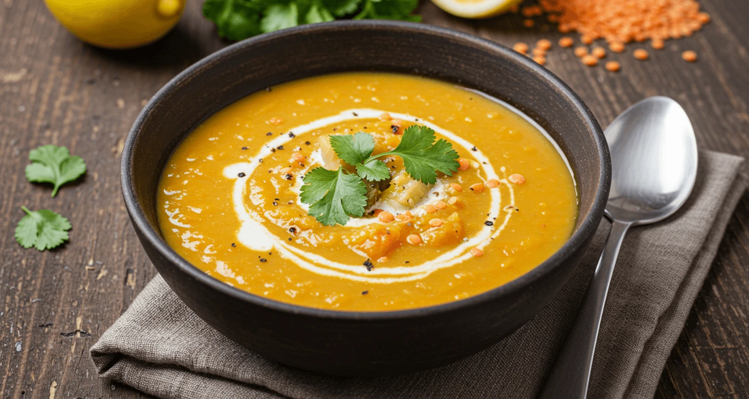 Schüssel mit cremiger Rote Linsen Kokos Suppe, garniert mit frischem Koriander und Zitronenscheibe.