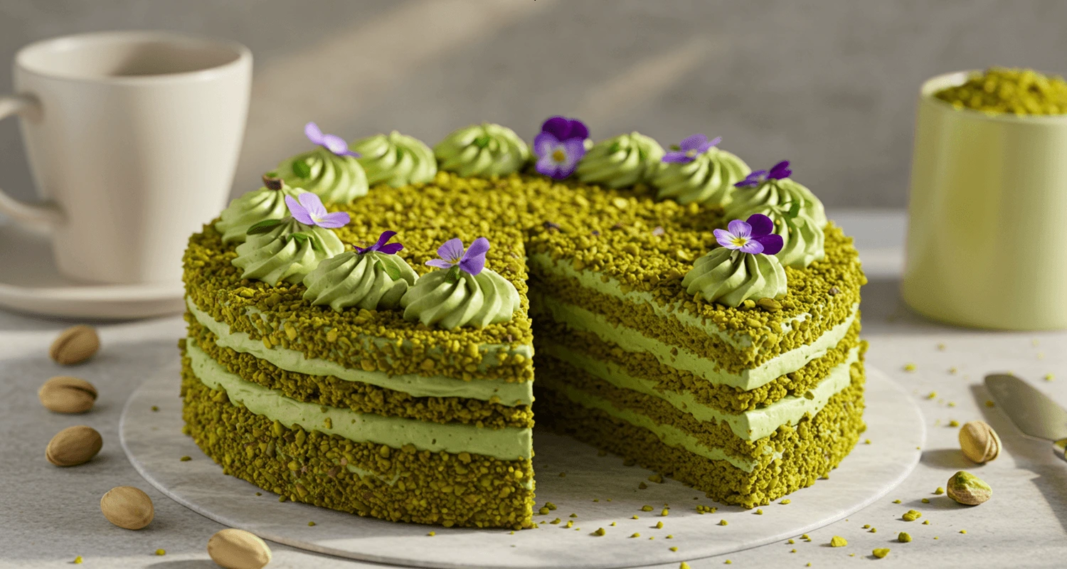 Pistazien Torte – Ein wunderschön dekorierter Pistazienkuchen mit grünen Pistazien-Schichten und essbaren Blüten.