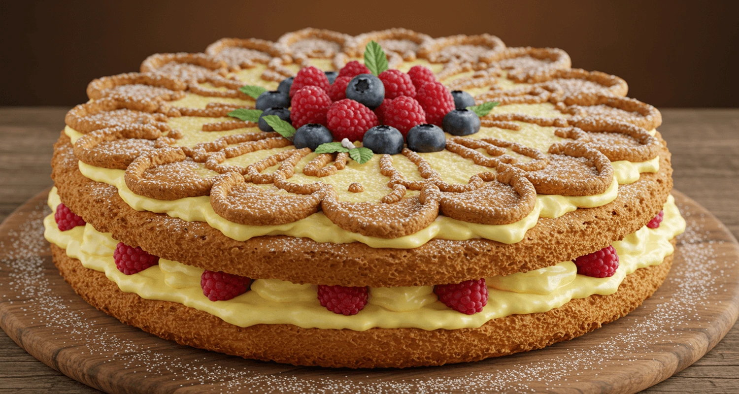 Agnes Bernauer Torte: Eine frisch gebackene, dekorierte bayerische Torte mit Sahnefüllung und frischen Beeren.