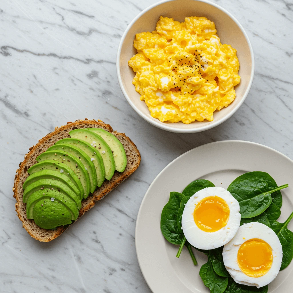 Rustikales Servierbrett mit Sous Vide Avocado Toast, garniert mit pochiertem Ei, und Sous Vide Rühreiern.