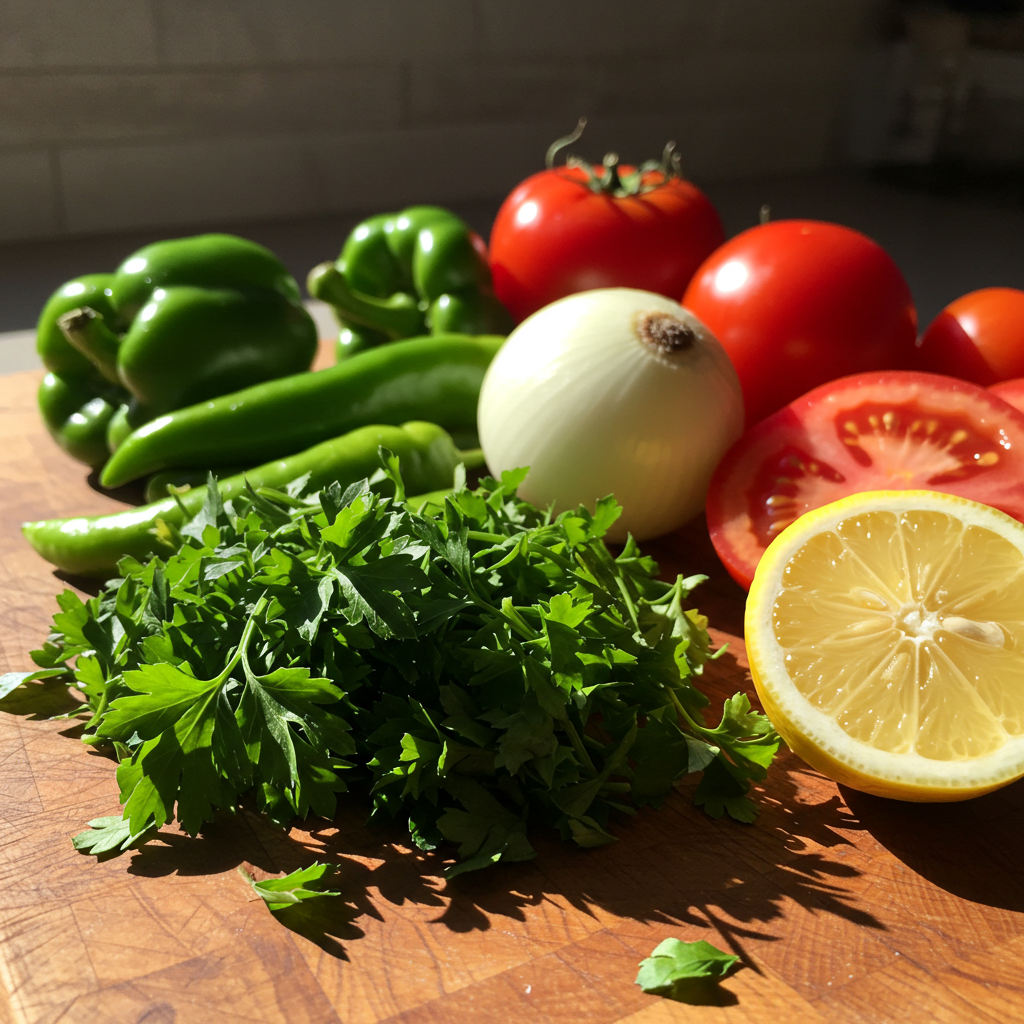 Frische Zutaten wie Tomaten, Paprika und Zwiebeln für den türkischen Salat.