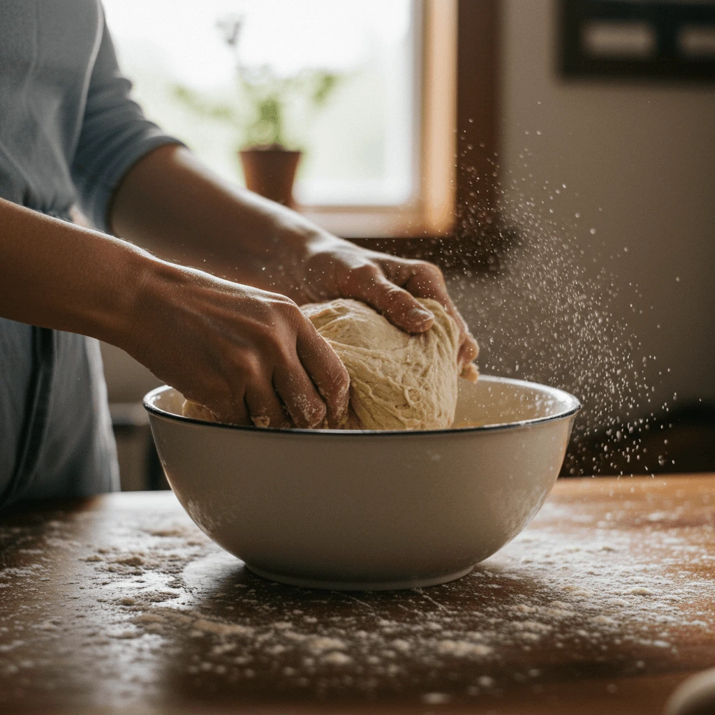 Bienenstich Rezept Landfrauen: Hefeteig wird von Hand geknetet