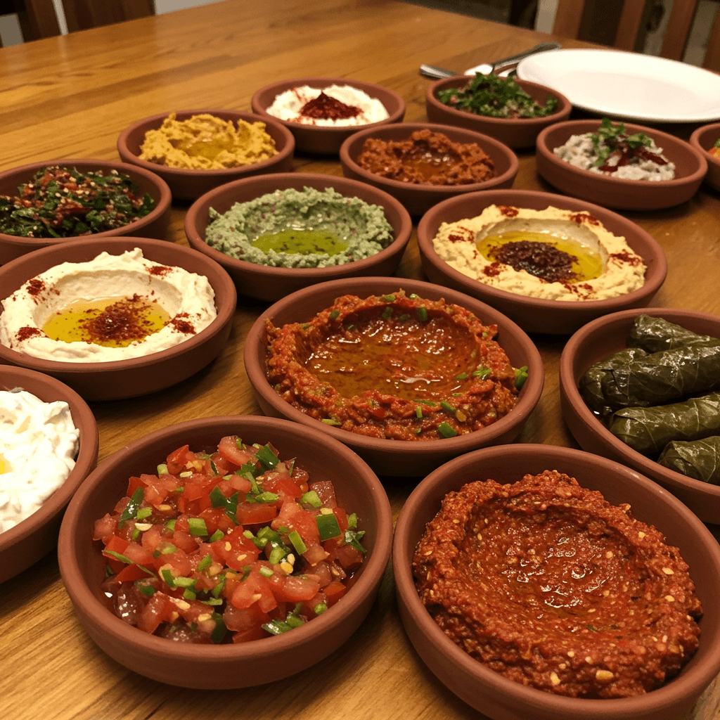 Ein türkischer Tisch mit mehreren kleinen Schälchen Ezme und anderen Mezze-Spezialitäten.