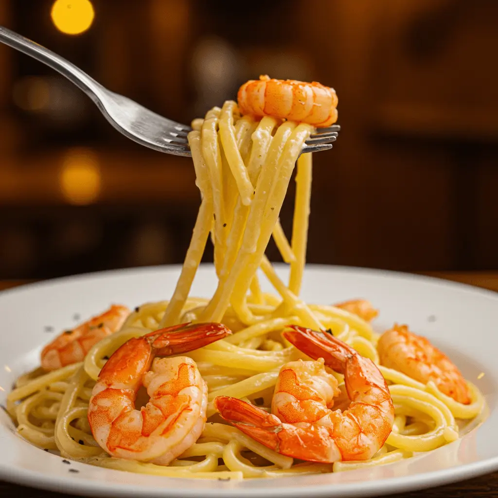 Ein Nahaufnahme von Pasta mit Garnelen und cremiger Soße.