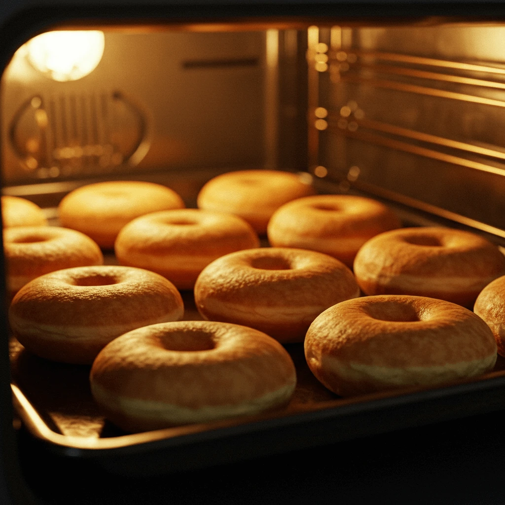 Donuts im Backofen beim Aufgehen, kurz bevor sie fertig gebacken sind